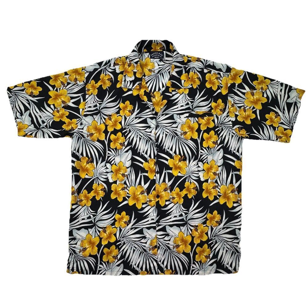 Hawaiian Shirt Mens L Yellow Hibiscus Floral Aloha Tropical Pacific & Co Beach